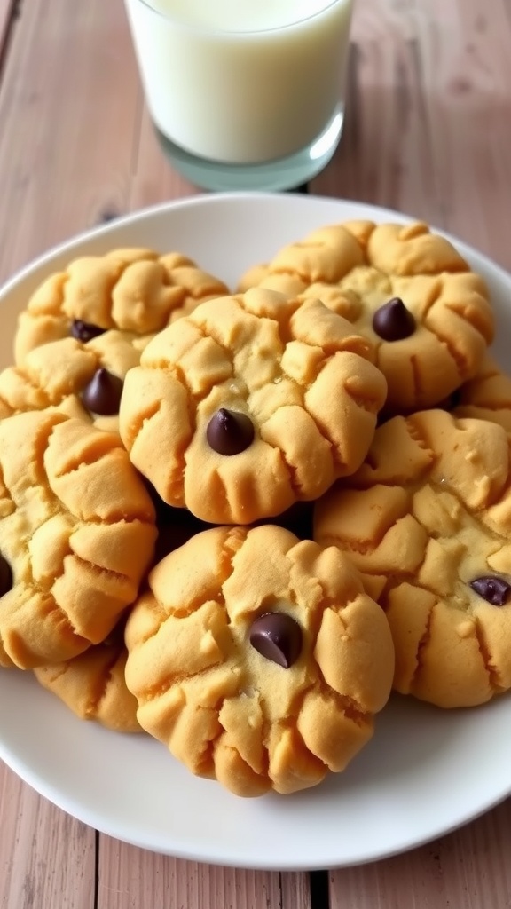 A close-up of soft peanut butter cookies with chocolate chips on a rustic wooden table.